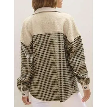 SHEWIN Shackets for Women 2024 Casual Button Down Long Sleeve Tops Oversized Womens Shacket Loose Fit Plaid Jackets Fall Clothes Beige Small