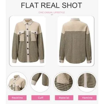 SHEWIN Shackets for Women 2024 Casual Button Down Long Sleeve Tops Oversized Womens Shacket Loose Fit Plaid Jackets Fall Clothes Beige Small