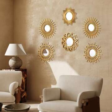 Namalu 6 Pcs Mirrors for Wall Decor, Small Circle Sun Mirrors Espejos Decorative Wall Art Entryway Mirror Hanging Circle Mirror for Wall Home Decor Bathroom Bedroom Living Room (Gold,Elegant)