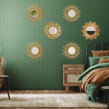 Namalu 6 Pcs Mirrors for Wall Decor, Small Circle Sun Mirrors Espejos Decorative Wall Art Entryway Mirror Hanging Circle Mirror for Wall Home Decor Bathroom Bedroom Living Room (Gold,Elegant)