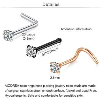 MODRSA Nose Rings Hoop Nose Rings for Women 20g Nose Rings Studs L Shape Nose Piercings Nose Ring Surgical Steel Corkscrew Nose Rings Hoops