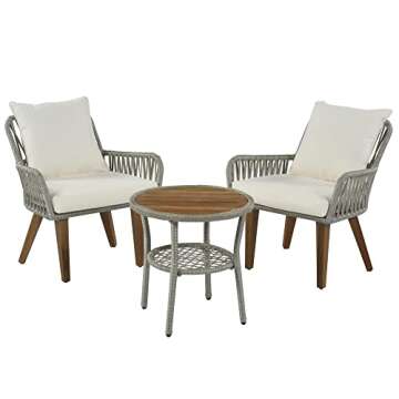 3-Piece Patio Bistro Set Woven-Rope Conversation Set with Wood Tabletop and Cushions, Outdoor All-We...