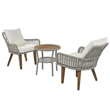 3-Piece Patio Bistro Set Woven-Rope Conversation Set with Wood Tabletop and Cushions, Outdoor All-Weather Conversation Bistro Set W/Acacia Wood Chair Legs