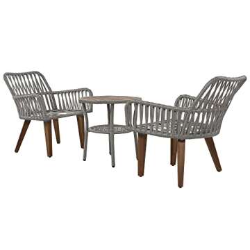 3-Piece Patio Bistro Set Woven-Rope Conversation Set with Wood Tabletop and Cushions, Outdoor All-Weather Conversation Bistro Set W/Acacia Wood Chair Legs