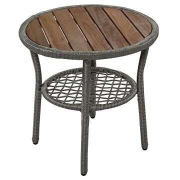 3-Piece Patio Bistro Set Woven-Rope Conversation Set with Wood Tabletop and Cushions, Outdoor All-Weather Conversation Bistro Set W/Acacia Wood Chair Legs