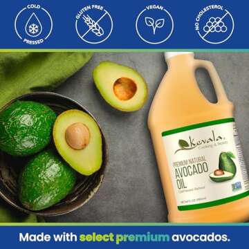 Kevala Avocado Oil – 64 fl oz – 1/2 gallon – Cold Pressed – Fresh Avocados – Vegetable Oil for Cooking – High Smoke Point – For Frying and Baking