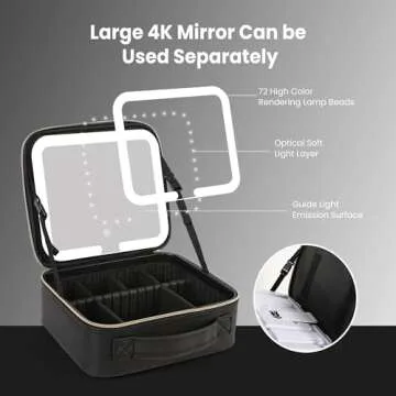 NHOPEJRJY Makeup Bag with Light up Detachable Mirror 3 Color Scenarios Adjustable Brightness Large Cosmetic Organizer Storage Adjustable Dividers Waterproof Makeup Brushes Toiletry Gift Black