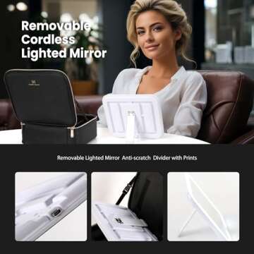 NHOPEJRJY Makeup Bag with Light up Detachable Mirror 3 Color Scenarios Adjustable Brightness Large Cosmetic Organizer Storage Adjustable Dividers Waterproof Makeup Brushes Toiletry Gift Black