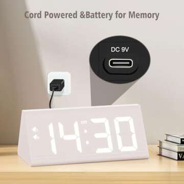 fomobest Wooden Digital Alarm Clock with Dual USB Charging Ports, DST, Dimmable, Snooze, Modern Large Time Display LED Clock for Kids Bedrooms, Living Room, Desk,Table, Bedside,Nightstand (White