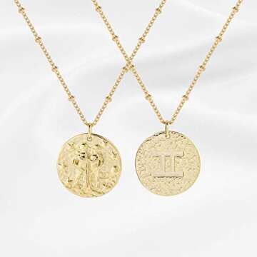 S.J JEWELRY 12 Constellations Zodiac Necklace Women's Simple Delicate 14K Gold Filled Coin Pendant Personalized Birthday Gifts Handmade Disc Chokers Necklace-NK-Gemini