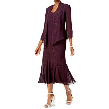 R&M Richards Women's Eggplant Beaded Chiffon Jacket Dress Size 10
