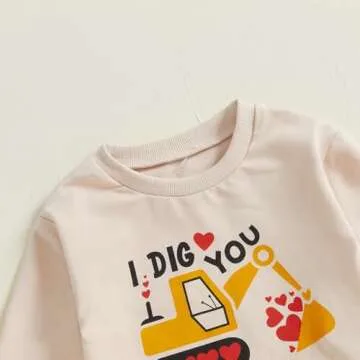 BeQeuewll Baby Boy Valentines Day Outfit Love Clothes Long Sleeve Truck Letter Sweatshirt Jogger Pants Outfits Winter Spring (Truck Dig Apricot, 18-24 Months)