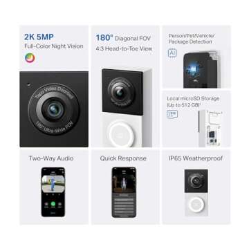 Tapo TP-Link Smart Video Doorbell Camera Wired, 2K 5MP, Color Night Vision, 180° Ultra-Wide FOV, 2-...