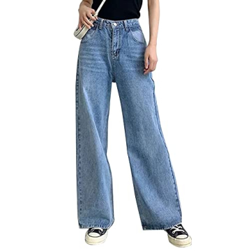 HDLTE Women Wide Leg Jeans Junior High Waist Baggy Jeans Loose Boyfriends Jeans Blue Washed