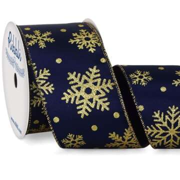 Ribbli Navy with Gold Snowflake Wired Ribbon,Navy Satin with Glitter Snowflake Christmas Ribbon for ...