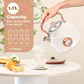 NESSGRAIM Retro Electric Kettle, 1.7L Stainless Steel Tea Kettle with Large Temperature Gauge, 1500W Fast Heating Hot Water Boiler with LED Indicator, Auto Shut-off & Boil-Dry Protection-Elegant White