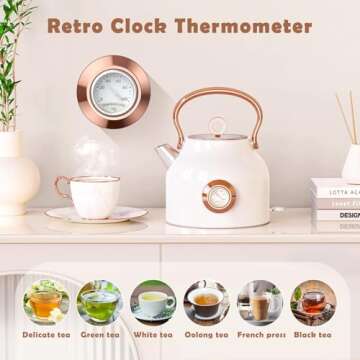 NESSGRAIM Retro Electric Kettle, 1.7L Stainless Steel Tea Kettle with Large Temperature Gauge, 1500W Fast Heating Hot Water Boiler with LED Indicator, Auto Shut-off & Boil-Dry Protection-Elegant White