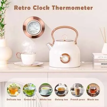 NESSGRAIM Retro Electric Kettle, 1.7L Stainless Steel Tea Kettle with Large Temperature Gauge, 1500W Fast Heating Hot Water Boiler with LED Indicator, Auto Shut-off & Boil-Dry Protection-Elegant White