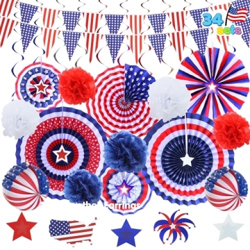 JOYIN 34 Pcs July 4th Party Supplies of 6 Paper Fan, 6 Pompoms Flowers, 2 American Flag Ball, 18 Swirl Streamer, 2 USA Flag Pennant Bunting for Independence Day, Memorial Day, Patriotic Party Favors