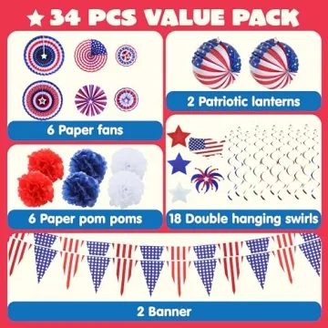 JOYIN 34 Pcs July 4th Party Supplies of 6 Paper Fan, 6 Pompoms Flowers, 2 American Flag Ball, 18 Swirl Streamer, 2 USA Flag Pennant Bunting for Independence Day, Memorial Day, Patriotic Party Favors