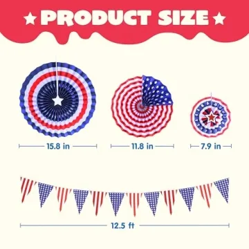 JOYIN 34 Pcs July 4th Party Supplies of 6 Paper Fan, 6 Pompoms Flowers, 2 American Flag Ball, 18 Swirl Streamer, 2 USA Flag Pennant Bunting for Independence Day, Memorial Day, Patriotic Party Favors