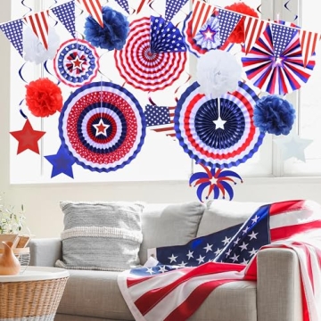 JOYIN 34 Pcs July 4th Party Supplies of 6 Paper Fan, 6 Pompoms Flowers, 2 American Flag Ball, 18 Swirl Streamer, 2 USA Flag Pennant Bunting for Independence Day, Memorial Day, Patriotic Party Favors