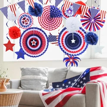 JOYIN 34 Pcs July 4th Party Supplies of 6 Paper Fan, 6 Pompoms Flowers, 2 American Flag Ball, 18 Swirl Streamer, 2 USA Flag Pennant Bunting for Independence Day, Memorial Day, Patriotic Party Favors