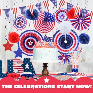 JOYIN 34 Pcs July 4th Party Supplies of 6 Paper Fan, 6 Pompoms Flowers, 2 American Flag Ball, 18 Swirl Streamer, 2 USA Flag Pennant Bunting for Independence Day, Memorial Day, Patriotic Party Favors