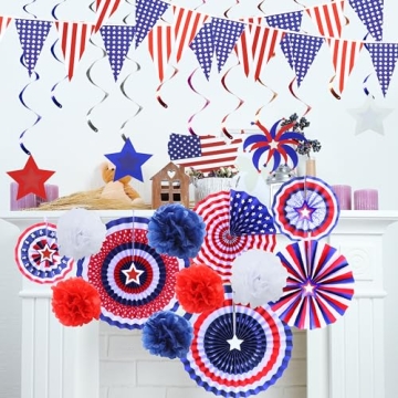 JOYIN 34 Pcs July 4th Party Supplies of 6 Paper Fan, 6 Pompoms Flowers, 2 American Flag Ball, 18 Swirl Streamer, 2 USA Flag Pennant Bunting for Independence Day, Memorial Day, Patriotic Party Favors