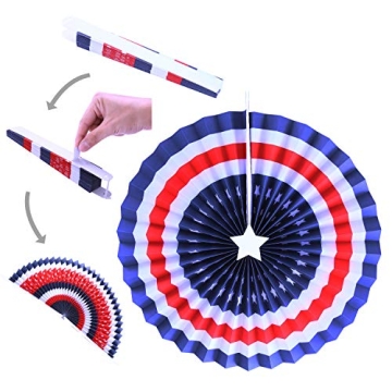 JOYIN 34 Pcs July 4th Party Supplies of 6 Paper Fan, 6 Pompoms Flowers, 2 American Flag Ball, 18 Swirl Streamer, 2 USA Flag Pennant Bunting for Independence Day, Memorial Day, Patriotic Party Favors