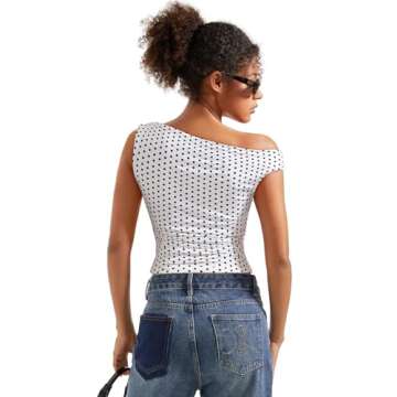 SUUKSESS Women Off Shoulder Tops Sleeveless Shirts Y2K Trendy Going Out Crop Tank Top (Polka Dots,M)