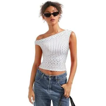 SUUKSESS Women Off Shoulder Tops Sleeveless Shirts Y2K Trendy Going Out Crop Tank Top (Polka Dots,M)