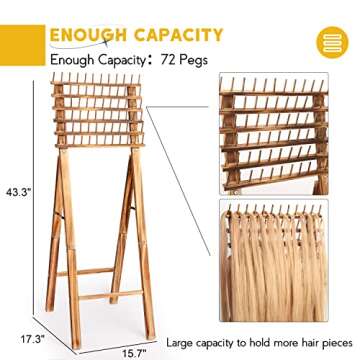 Winartton Braiding Hair Rack Set, Wooden Hair Stand Rack with Braiding Tools, Foldable Hair Holder for Braiding Hair, Time Saving Hair Extension Hair Divider Hanger Rack for Stylists (72 Pegs)