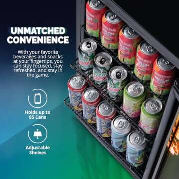 NewAir | 85 Can Beverage Fridge with LED Color Changing Door | Prismatic Series Beverage Refrigerator with RGB HexaColor LED Lights, Mini Fridge for Gaming, Game Room, Party Festive Holiday Fridge