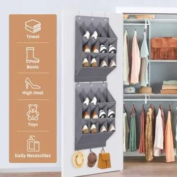 STORAGE MANIAC 2 Pack Over Door Shoe Organizers 12 Large Pockets Hanging Shoe Organizer Shoe Rack Door Closet Shoe Organizer for Wall, Dorm & Narrow Door Storage Shoe Holder Over Door Organizer Grey