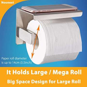 Adhesive Toilet Paper Holder with Shelf for Mega Rolls