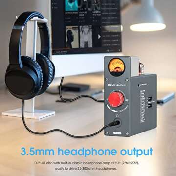 Douk Audio T4 Plus Vacuum Tube Phono Preamplifier, MM/MC Turntable Audio Preamp, GE5654 Headphone Amp with VU Meter for Record Player Home Stereo