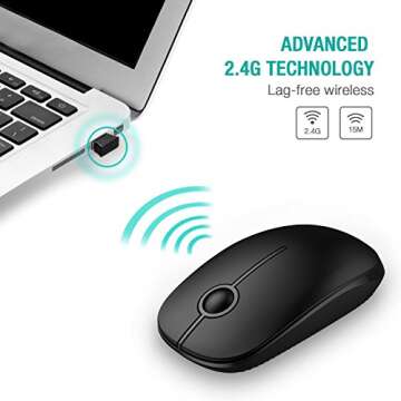 Silent Wireless Mouse, 2.4G Slim Travel Mouse with USB Receiver, Quiet Click Protable Computer Mice for Laptop PC Mac, Comfortable Texture, Black