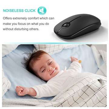 Silent Wireless Mouse, 2.4G Slim Travel Mouse with USB Receiver, Quiet Click Protable Computer Mice for Laptop PC Mac, Comfortable Texture, Black