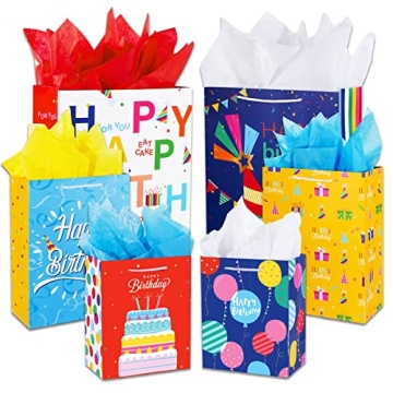 12 Pcs Assorted Birthday Gift Bags with Handles & Tissue Paper, Vibrant Designs