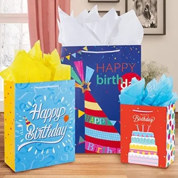 Assorted Birthday Gift Bags with Handles & Tissue Paper