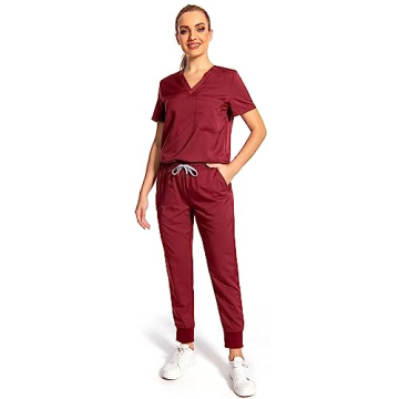 PuriPure Scrubs Set for Women Nurse Uniform Jogger Classic V-neck Scrub Top & Jogger Scrub Pants Ath...