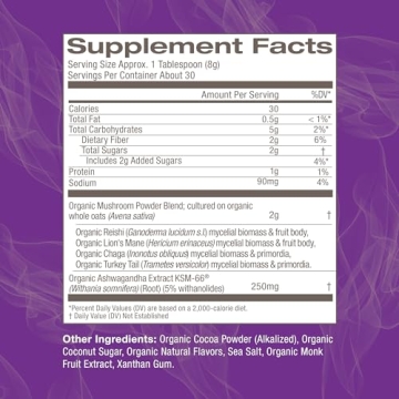 OM Mushroom Superfood Hot Chocolate Blend Mushroom Powder, 8.47 Ounce Canister, 30 Servings, Dutch Cocoa, 2g of Sugar, 25 Calories, Lion's Mane, Reishi, Chaga, Turkey Tail, Focus and Stress Support