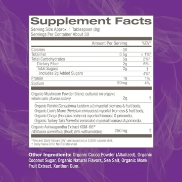 OM Mushroom Superfood Hot Chocolate Blend Mushroom Powder, 8.47 Ounce Canister, 30 Servings, Dutch Cocoa, 2g of Sugar, 25 Calories, Lion's Mane, Reishi, Chaga, Turkey Tail, Focus and Stress Support