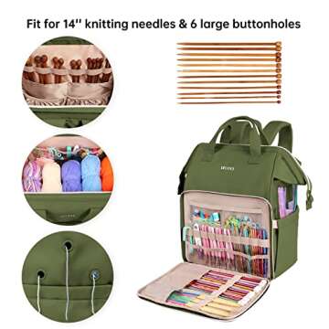 Leudes Knitting Bag Backpack, Yarn Storage Organizer Large Crochet Bag Tote Christmas Gift Yarn Holder Case for Carrying Projects, Knitting Needles (Army Green)