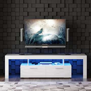 SANYOAC LED White TV Stand for 75 Inch, Center Table for Living Room, LED Light TV Console Table wit...