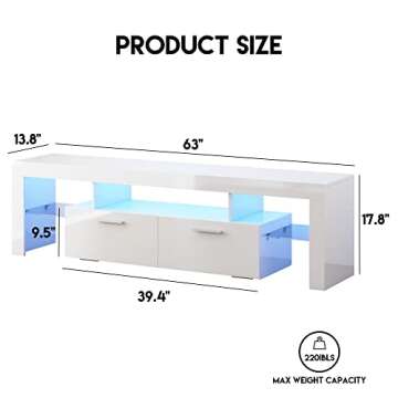 SANYOAC LED White TV Stand for 75 Inch, Center Table for Living Room, LED Light TV Console Table with Storage and Shelves for Living Room Bedroom (63 inch, White)