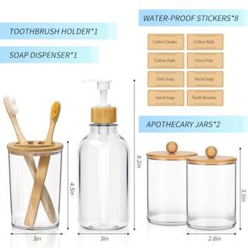 SGHUO 4pcs Boho Bathroom Decor, Bamboo Bathroom Container Accessories Set, Soap Dispenser, Toothbrus...
