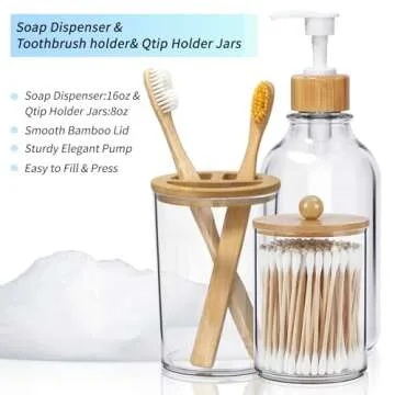 SGHUO 4pcs Boho Bathroom Decor, Bamboo Bathroom Container Accessories Set, Soap Dispenser, Toothbrush Holder, 2 Qtip Holder Jars, Boho Rustic Bathroom Decor
