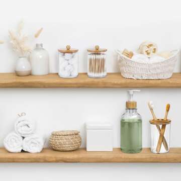 SGHUO 4pcs Boho Bathroom Decor, Bamboo Bathroom Container Accessories Set, Soap Dispenser, Toothbrush Holder, 2 Qtip Holder Jars, Boho Rustic Bathroom Decor